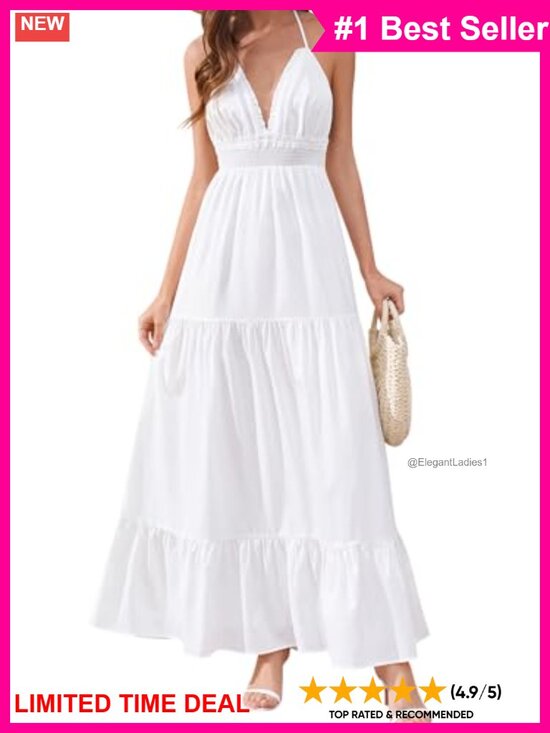 Dresses & Skirts - Floral Halter V Neck Ruffle Smocked Flowy Maxi Dress Boho Beach Sundress